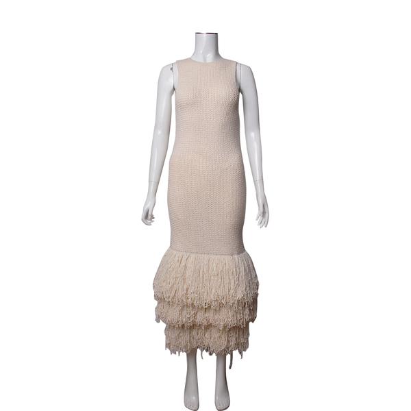 Silk Blend Crocheted Fringe Dress Ivory