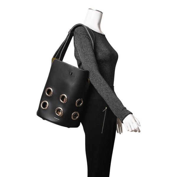 Leather Grommet Medium Bucket Bag Black