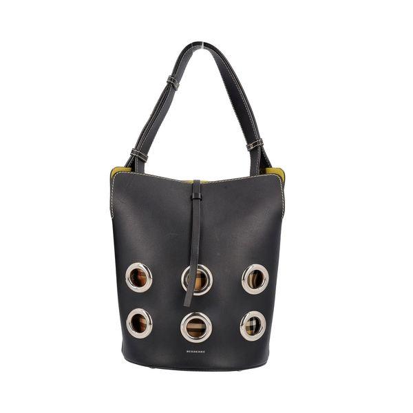 Leather Grommet Medium Bucket Bag Black