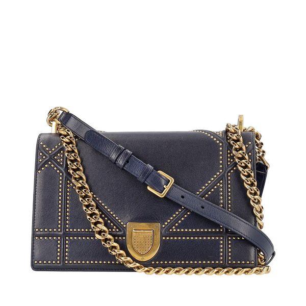 Leather Diorama Studded Flap Shoulder Bag Navy