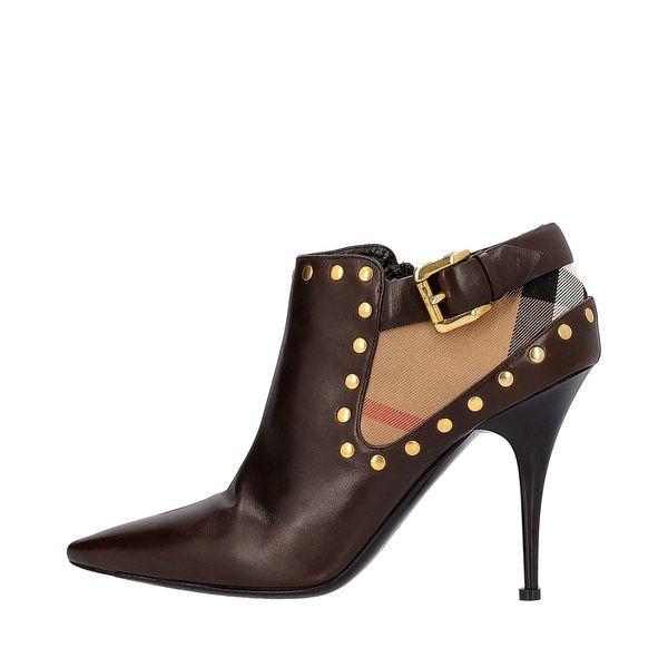 Leather/Check Studded Ankle Boots Brown