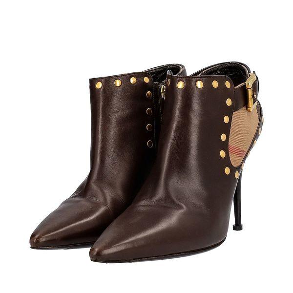 Leather/Check Studded Ankle Boots Brown