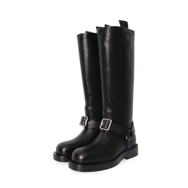 Leather Saddle Knee High Boots Black