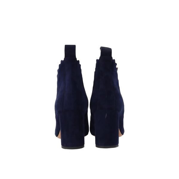 Suede Scallop Block Heel Ankle Boots Navy