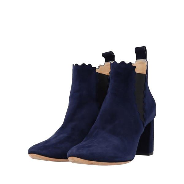 Suede Scallop Block Heel Ankle Boots Navy