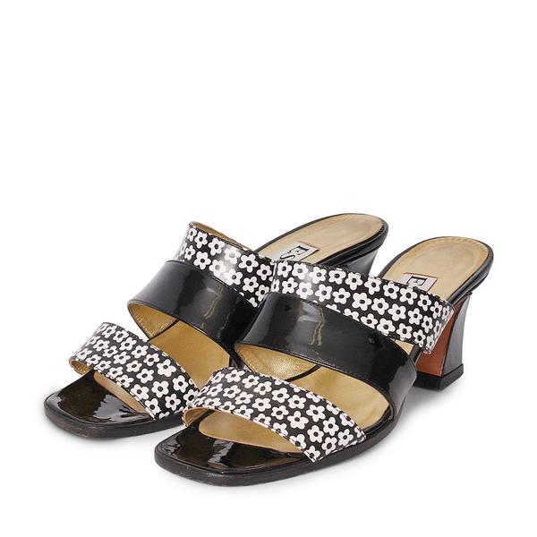 Patent Floral Print Mules Black/White