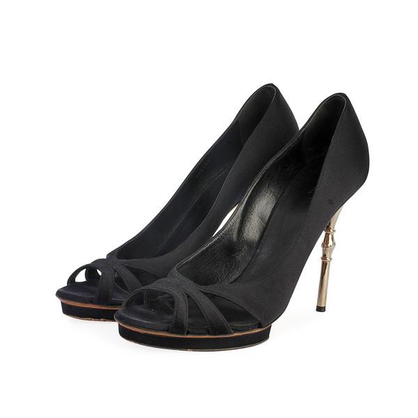 Satin Metal Bamboo Heel Pumps Black