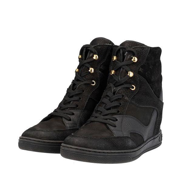 Leather/Suede Cliff Top Wedge Sneakers Black