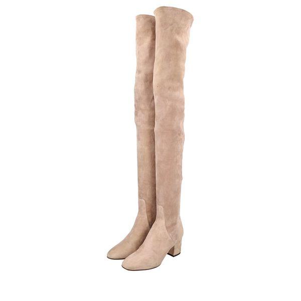 Suede Stretch Thigh High Boots Beige