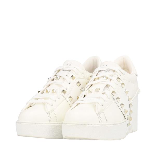 Leather Rockstud Wedge Sneakers White