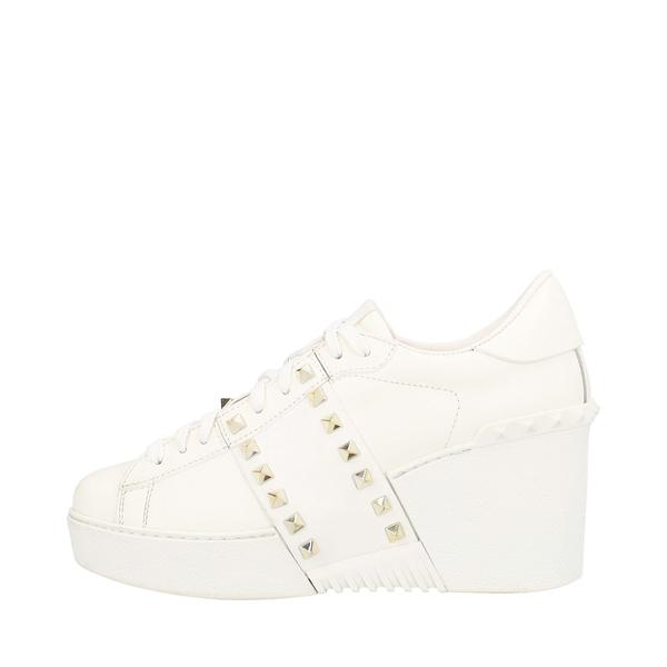 Leather Rockstud Wedge Sneakers White