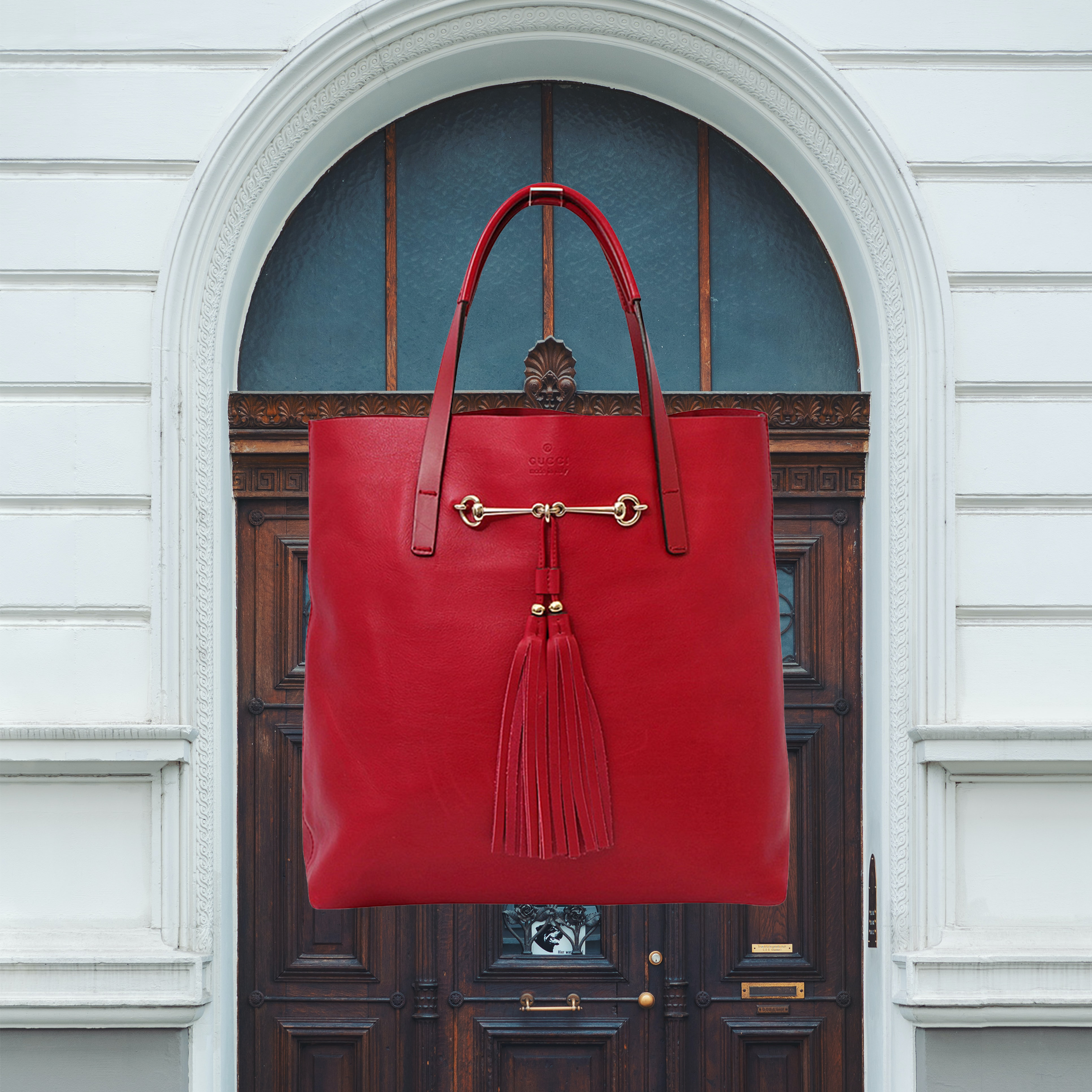 GUCCI-Leather-Tassel-Horsebit-Tote-Red