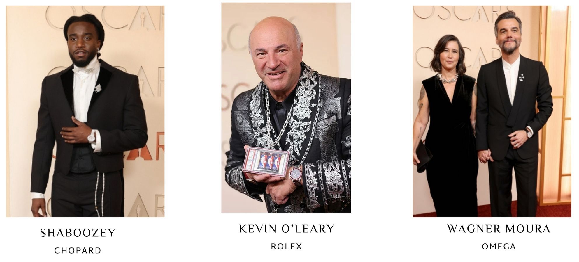 Shaboozey in chopard
Kevin o'leray in Rolex and Wagner Moura in Omega 