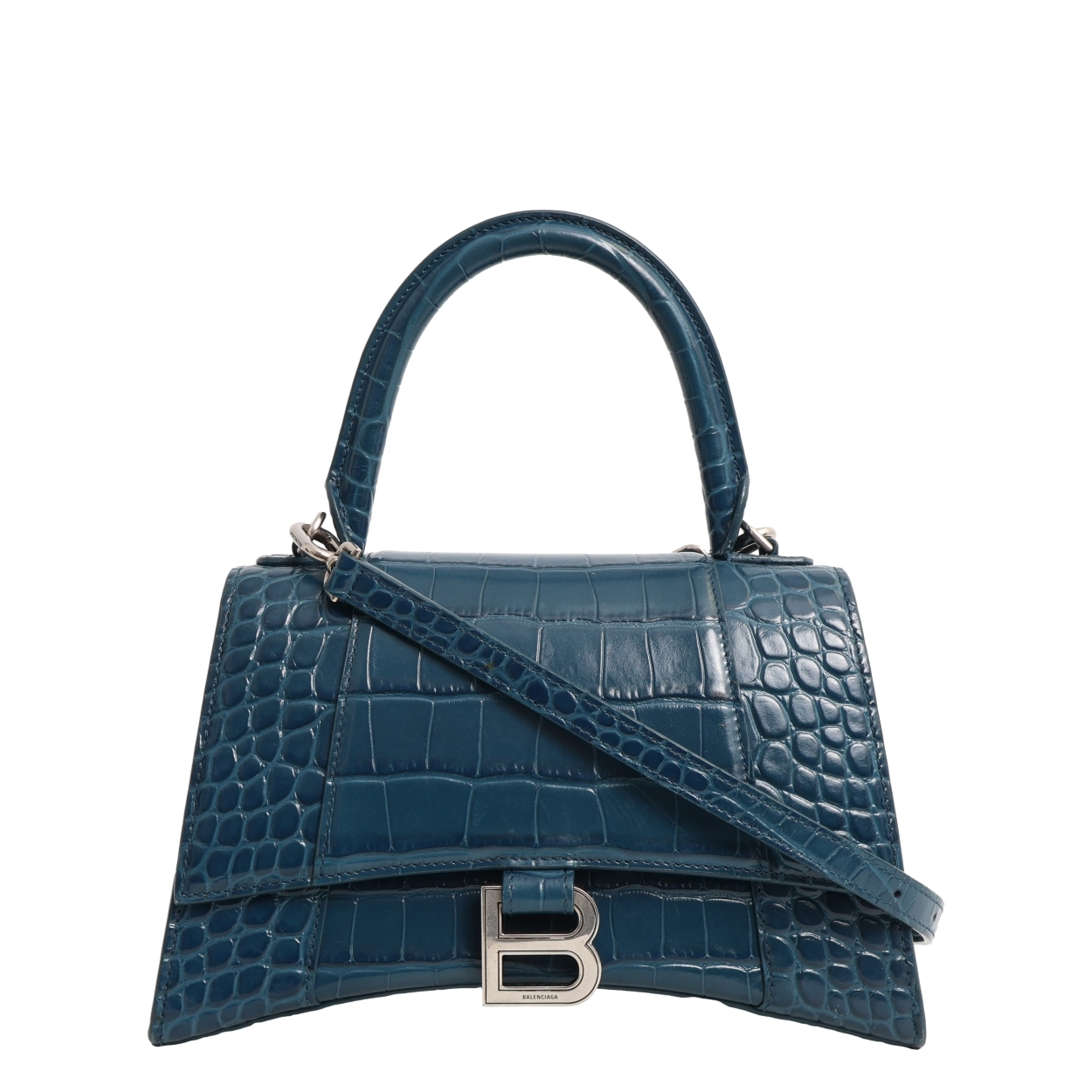 Balenciaga: Croc Embossed Small Hourglass Top Handle Dark Teal