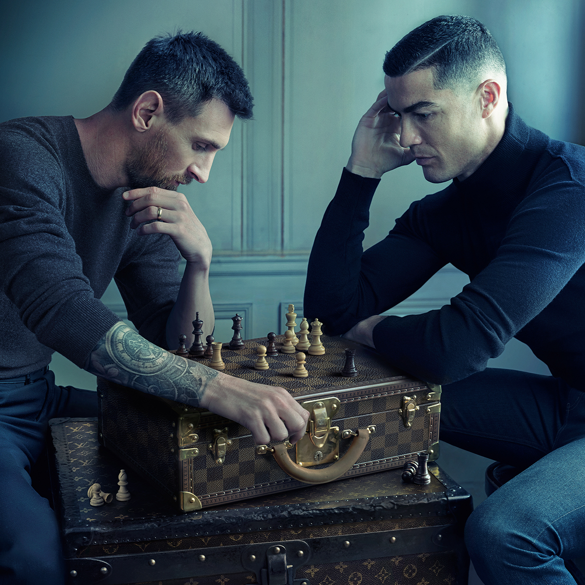 Messi & Ronaldo Playing Chess on Louis Vuitton Trunk