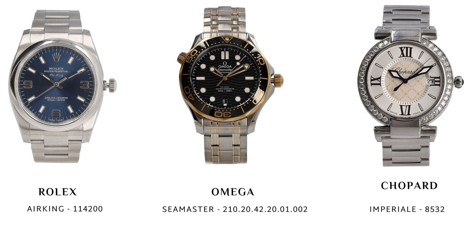 Rolex watch, Omega watch, and Chopard Watch 