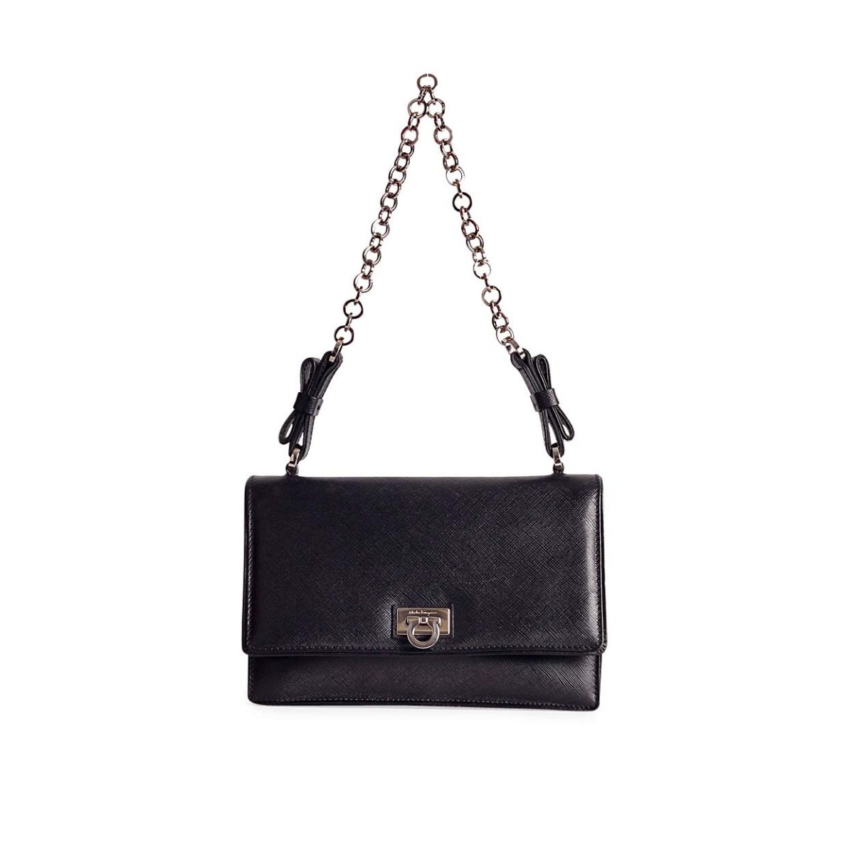 SALVATORE FERRAGAMO Black Saffiano Leather Chain Link Strap Shoulder Bag | Luxity