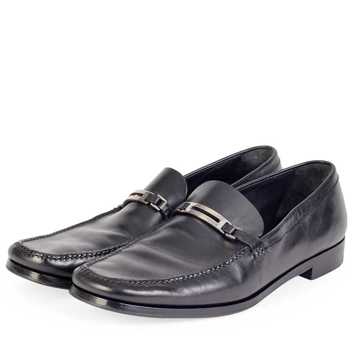 PRADA Black Leather Mens Loafers with Logo Plate - S: 46 (11) | Luxity