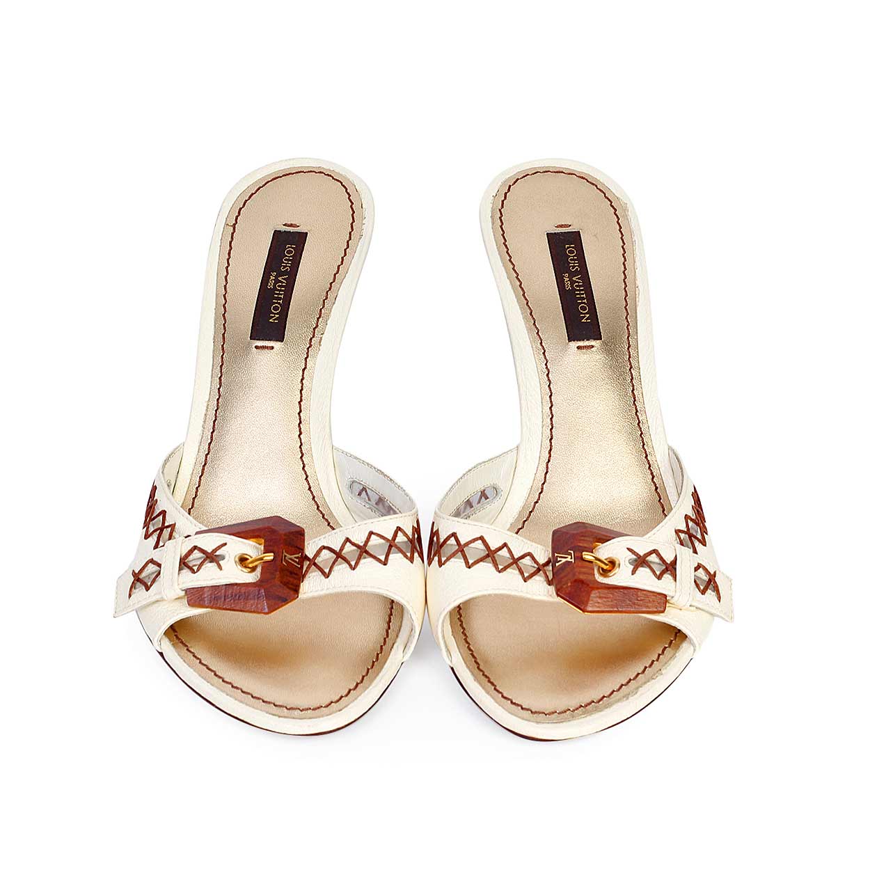 LOUIS VUITTON Wooden Buckle Leather Kitten Heel Sandals - S: 37 (4) - NEW - Luxity