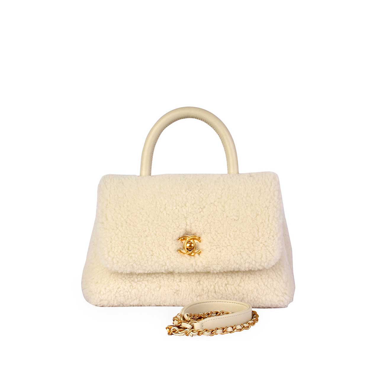 CHANEL Shearling Sheepskin Coco Handle Bag White - NEW | Luxity