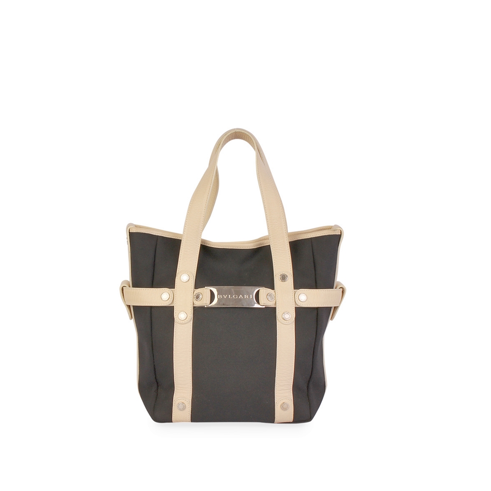 BVLGARI Canvas and Leather Tote Black and Beige | Luxity