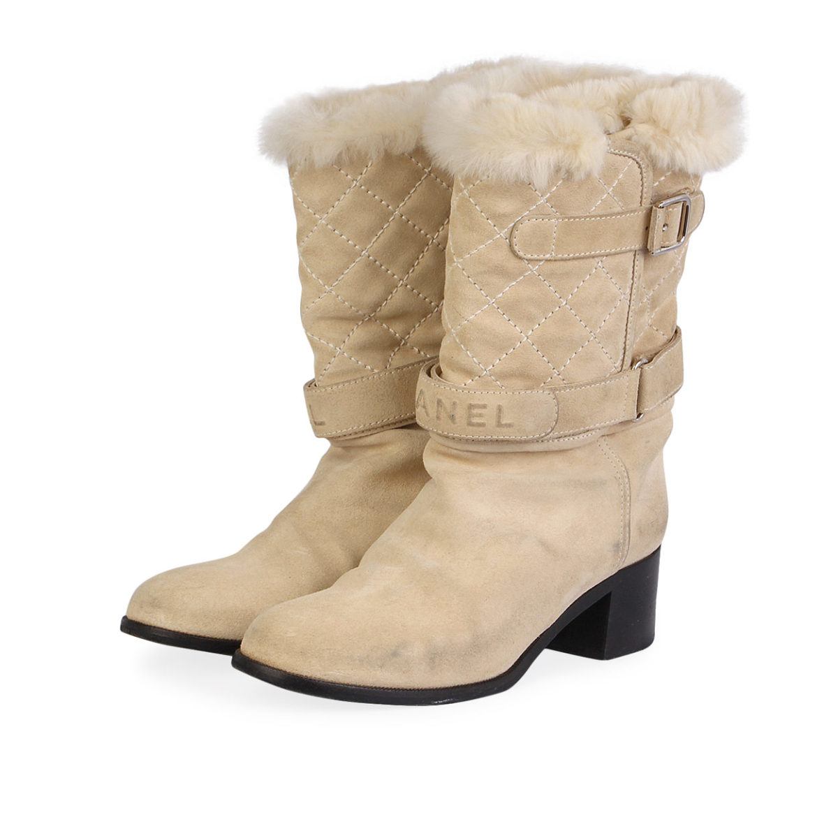 CHANEL Suede Fur Trimmed Boots Cream 