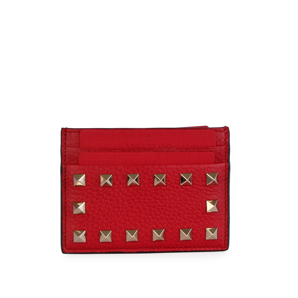 VALENTINO Pebbled Leather Rockstud Card Holder Red - NEW | Luxity