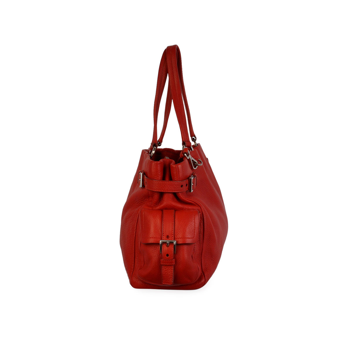 PRADA Pebbled Leather Side Pockets Shoulder Bag Orange | Luxity