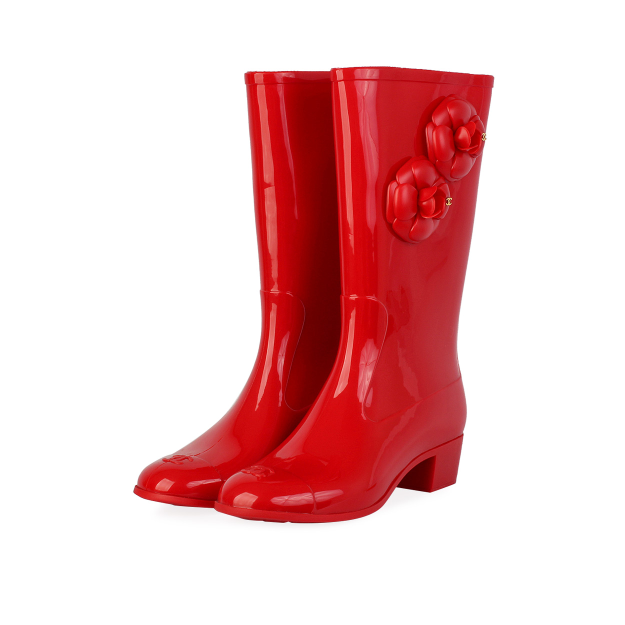CHANEL Rubber Camellia Flower Rain Boots Red - S: 41 (7.5)