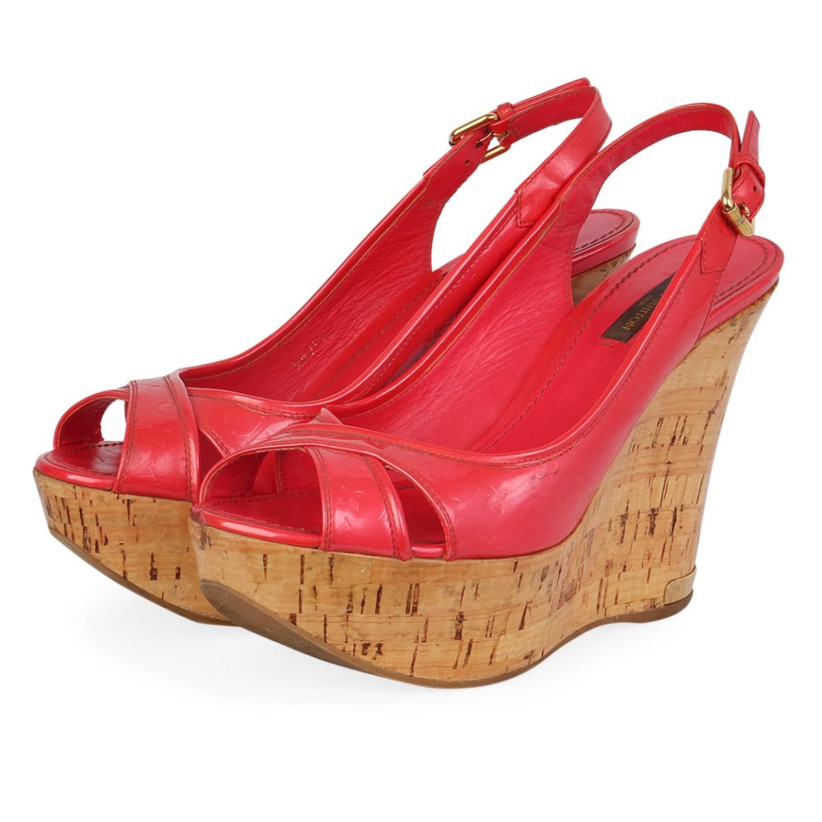 LOUIS VUITTON Vernis Wedge Sandals Rose Litchi - S: 39 (6) | Luxity