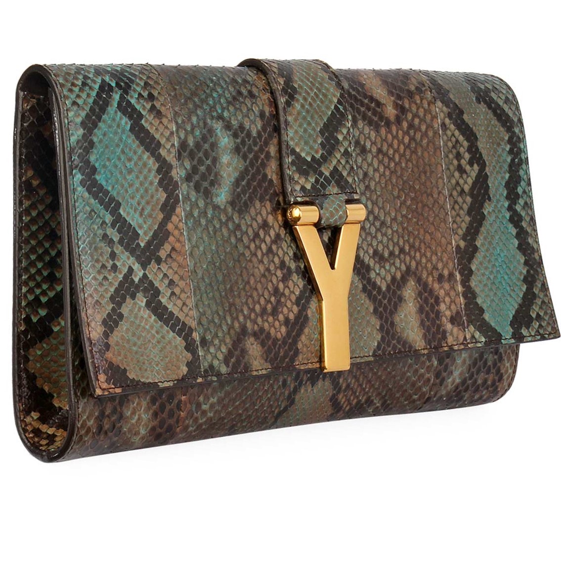 YVES SAINT LAURENT Python Leather Clutch Green | Luxity