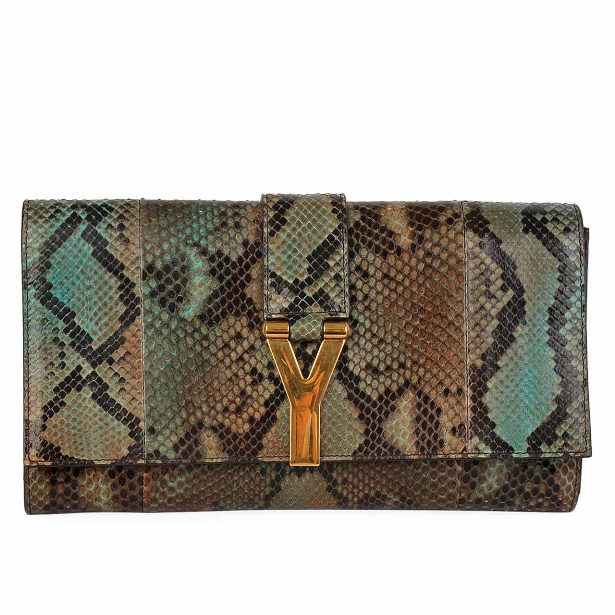 YVES SAINT LAURENT Python Leather Clutch Green | Luxity