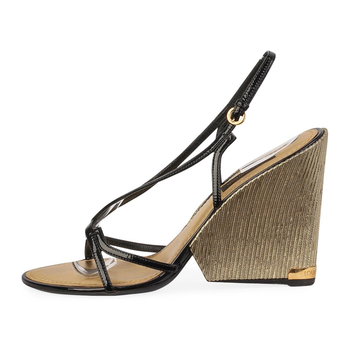 LOUIS VUITTON Leather Gold Wedge Sandals Black - S: 37 (4) | Luxity