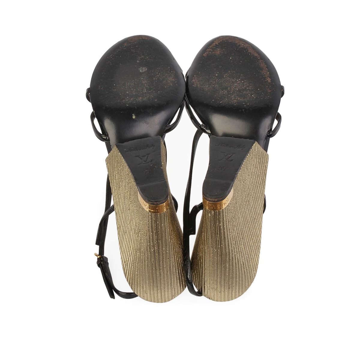 LOUIS VUITTON Leather Gold Wedge Sandals Black - S: 37 (4) | Luxity