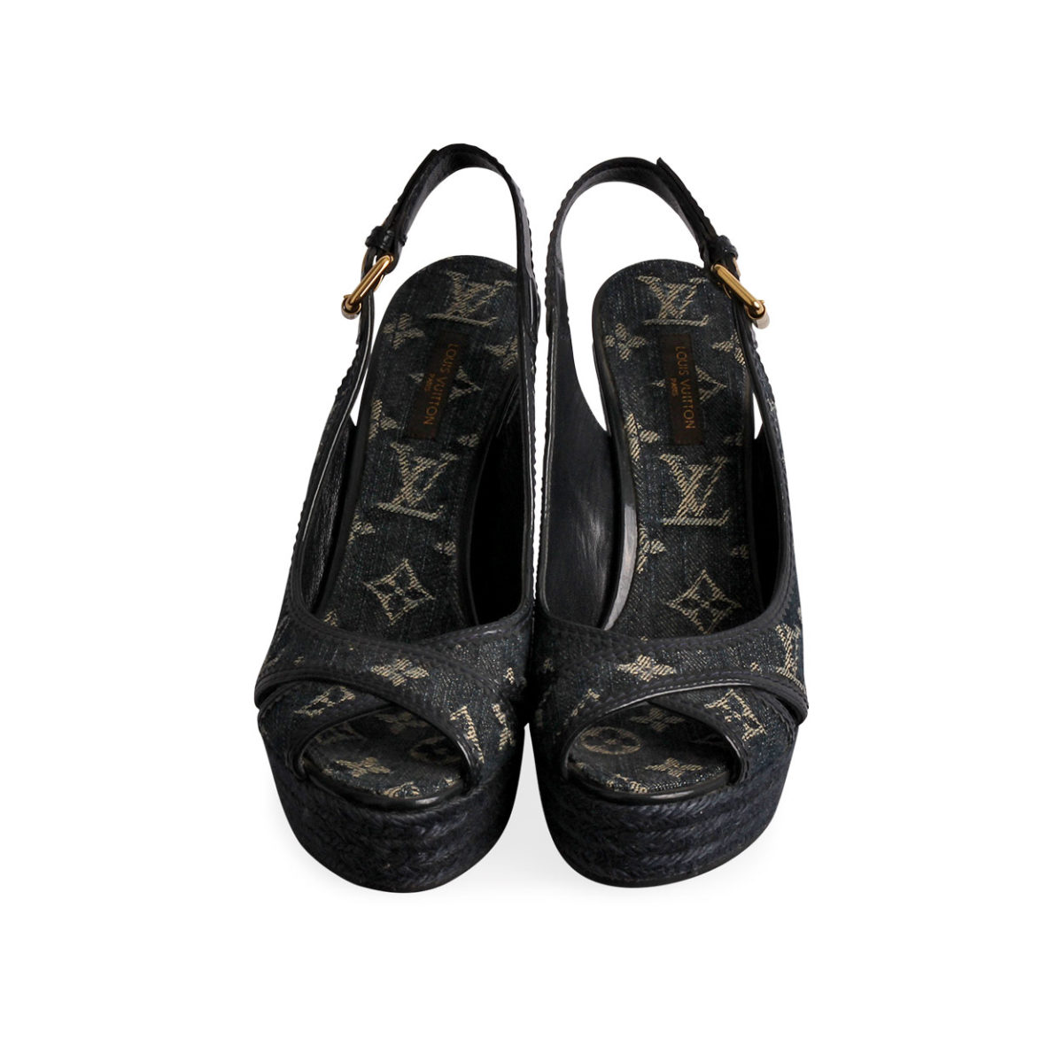 Auth Louis Vuitton Vintage 38.5 Denim LV Monogram Leather Flip Flop Sandals