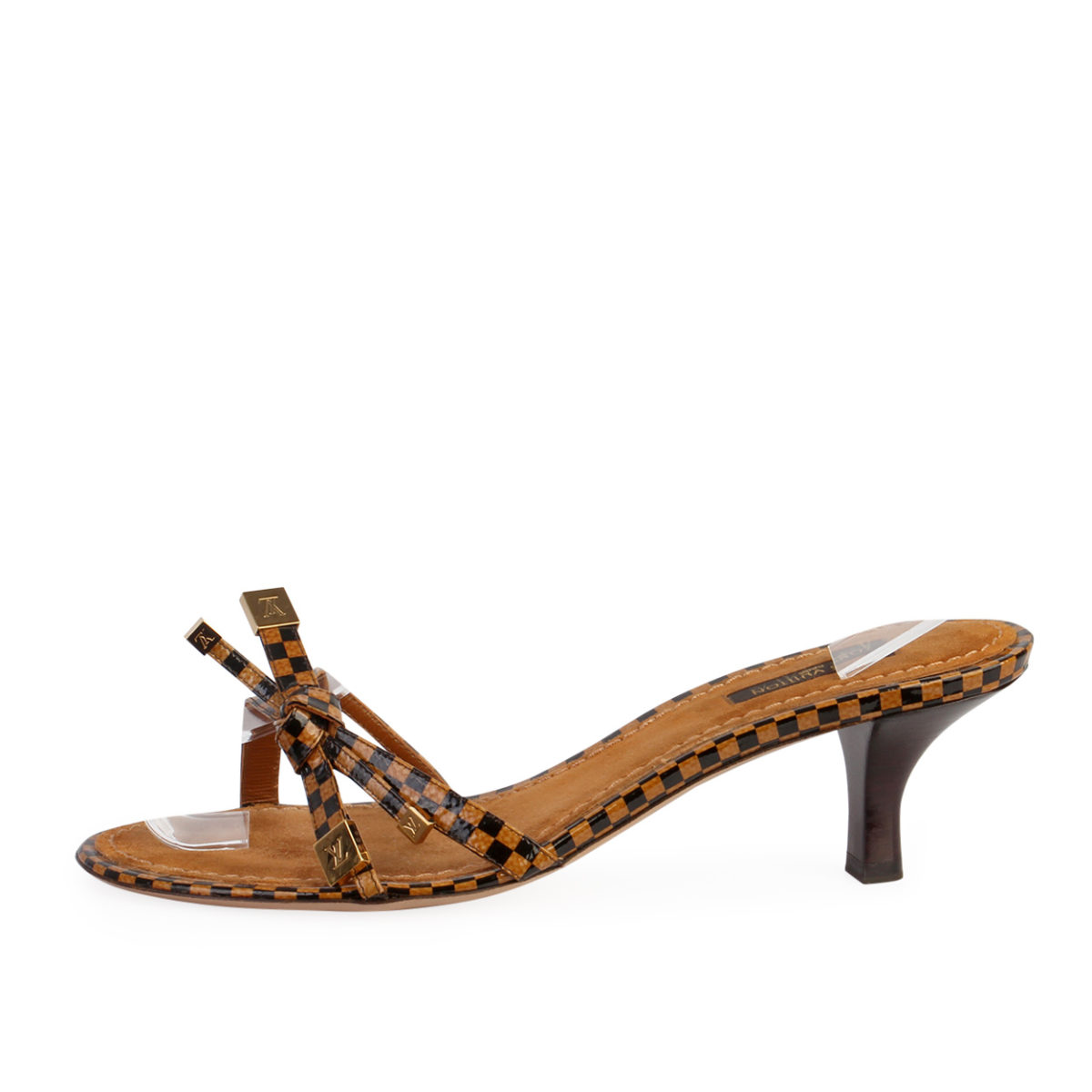 LOUIS VUITTON Patent Checkered Kitten Heel Sandals Brown - S: 37 (4) | Luxity
