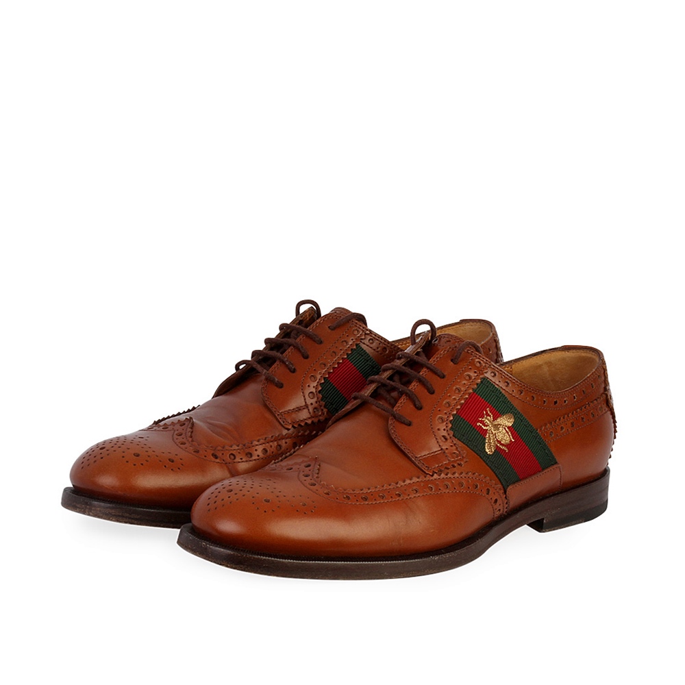 GUCCI Leather Bee Web Brogue Shoes Brown - S: 39 (6) | Luxity
