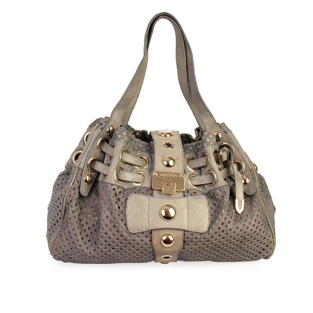 JIMMY CHOO Perforated Suede Riki Bag Grey | Luxity