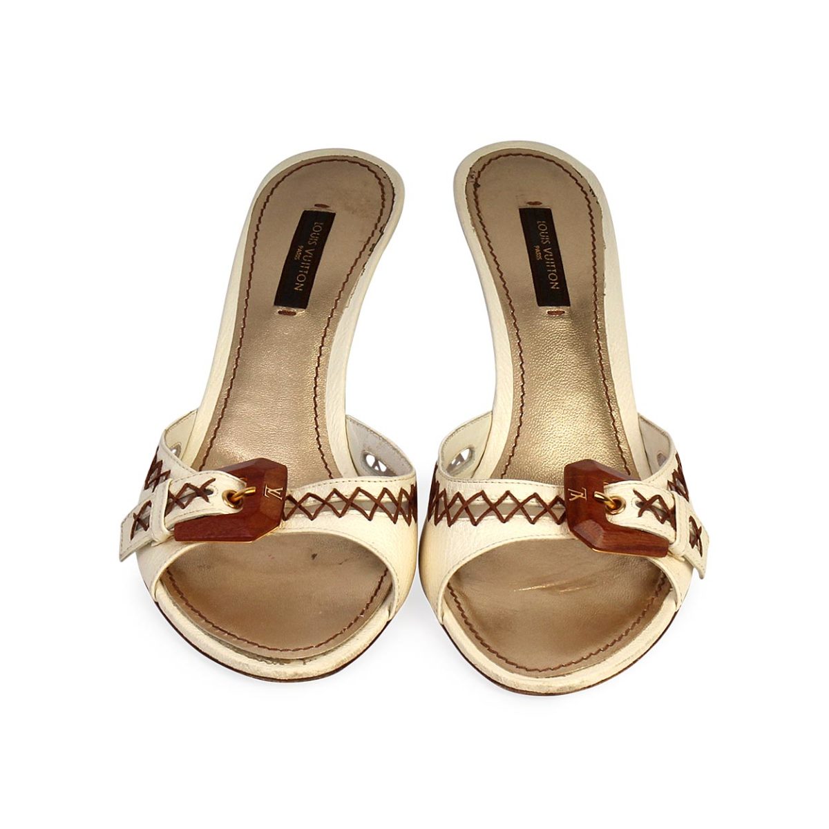 LOUIS VUITTON Leather Italy Stitch Slide Mules White - S: 38 (5) | Luxity
