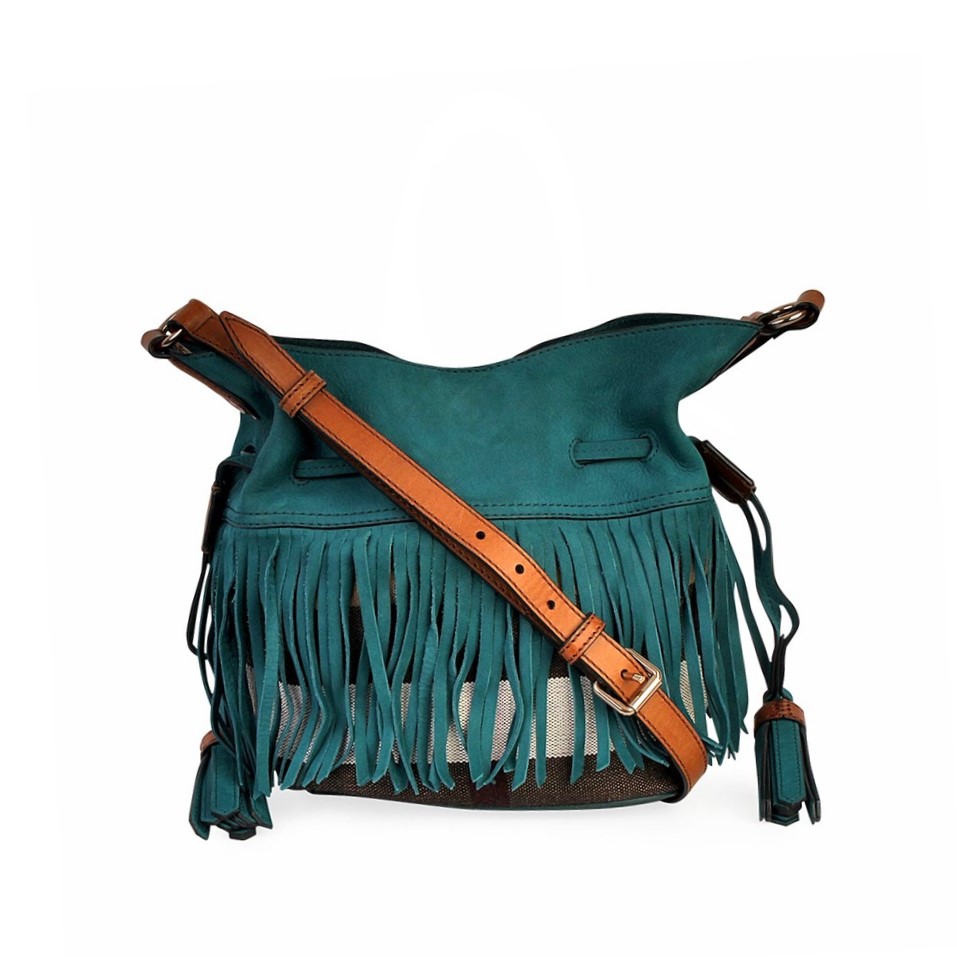 BURBERRY Suede Fringe Small Belgrove Bucket Bag Blue | Luxity