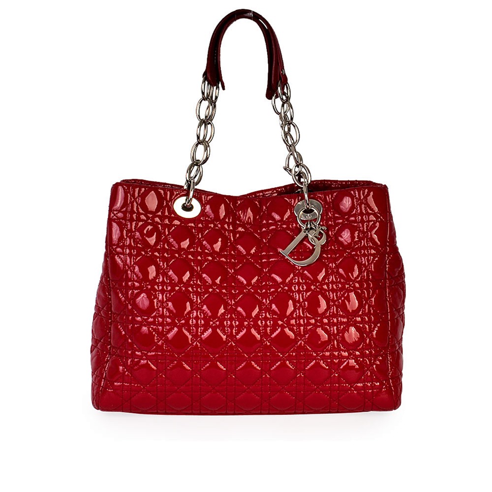 CHRISTIAN DIOR Quilted Cannage Patent Large Tote Red | Luxity