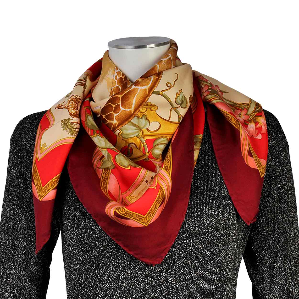 SALVATORE FERRAGAMO Giraffe Print Silk Scarf Maroon | Luxity