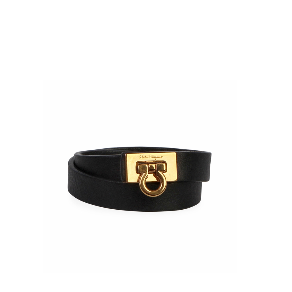 SALVATORE FERRAGAMO Leather Logo Bracelet Black | Luxity