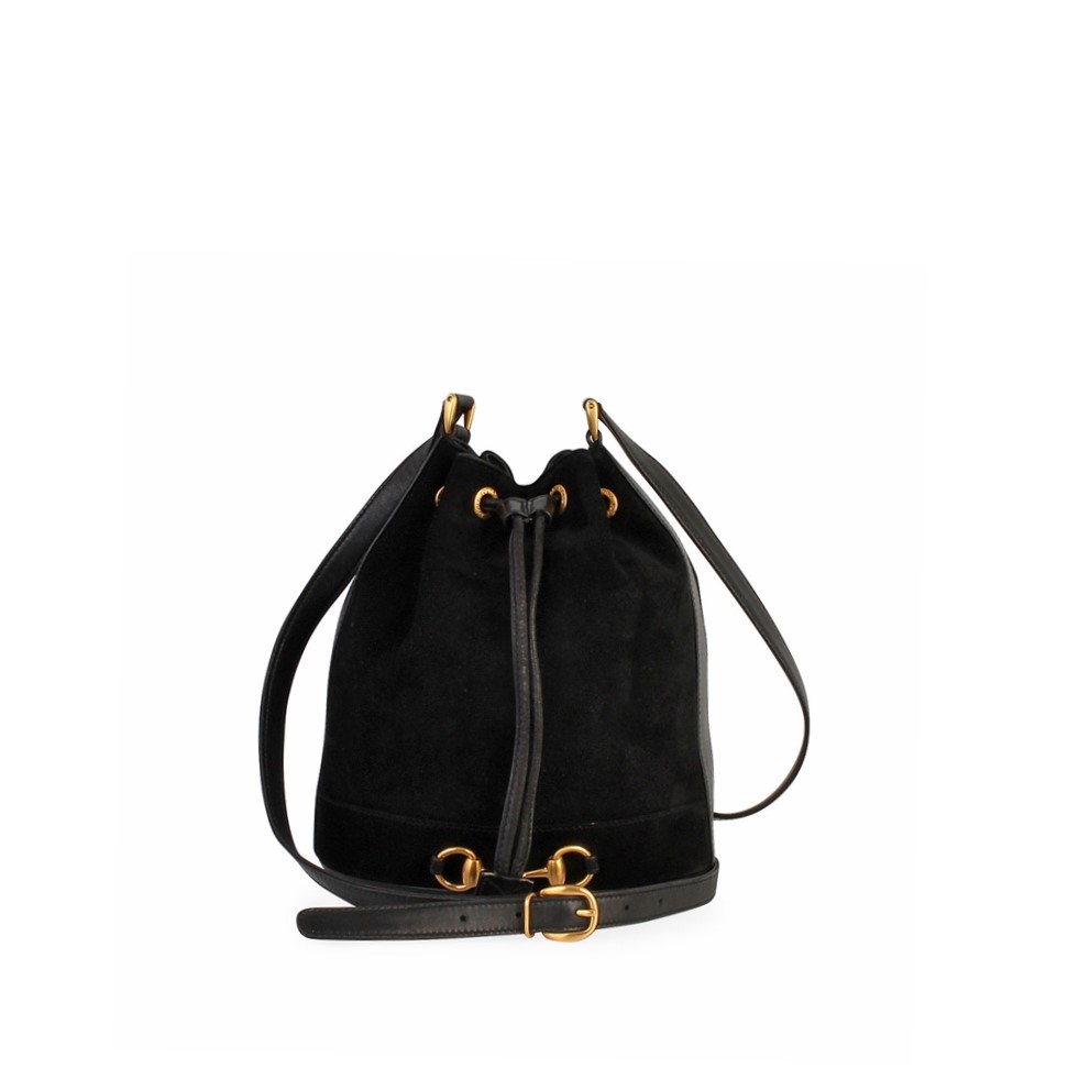 GUCCI Vintage Drawstring Horsebit Shoulder Bag Black | Luxity