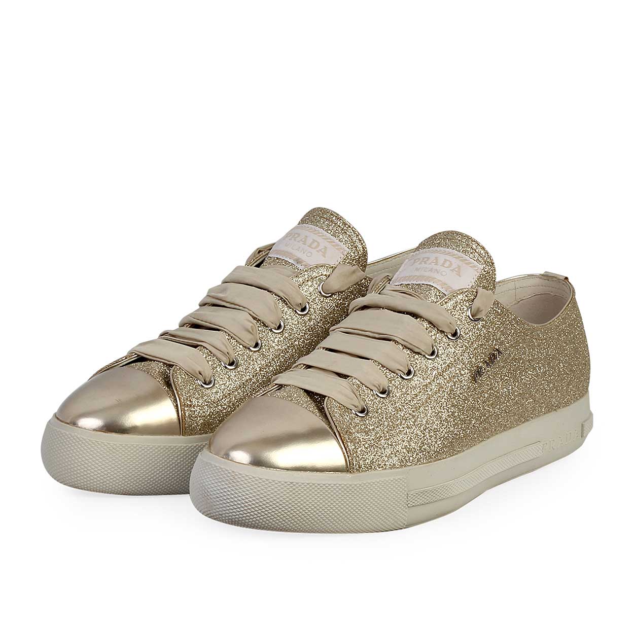 PRADA Glitter Cap Toe Sneakers Gold - S: 39 (6) | Luxity