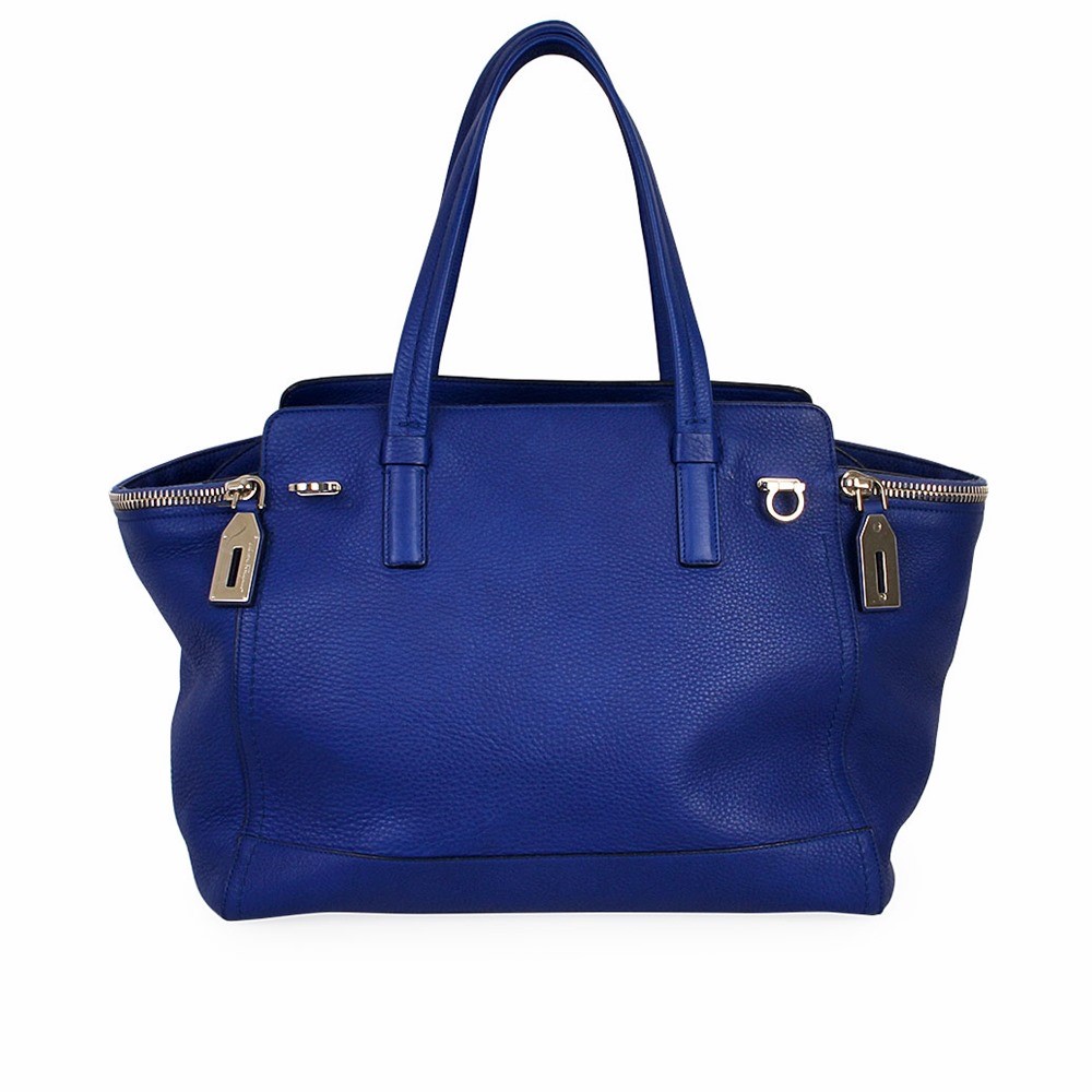 SALVATORE FERRAGAMO Pebbled Calfskin Large Verve Tote Blue | Luxity