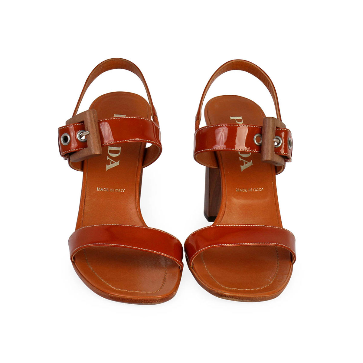 PRADA Patent Block Heel Sandals Cognac - S: 37 (4) | Luxity