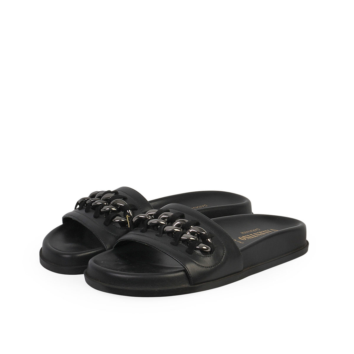 VALENTINO Leather Chain Trim Slides Black - S: 35 (2.5) | Luxity