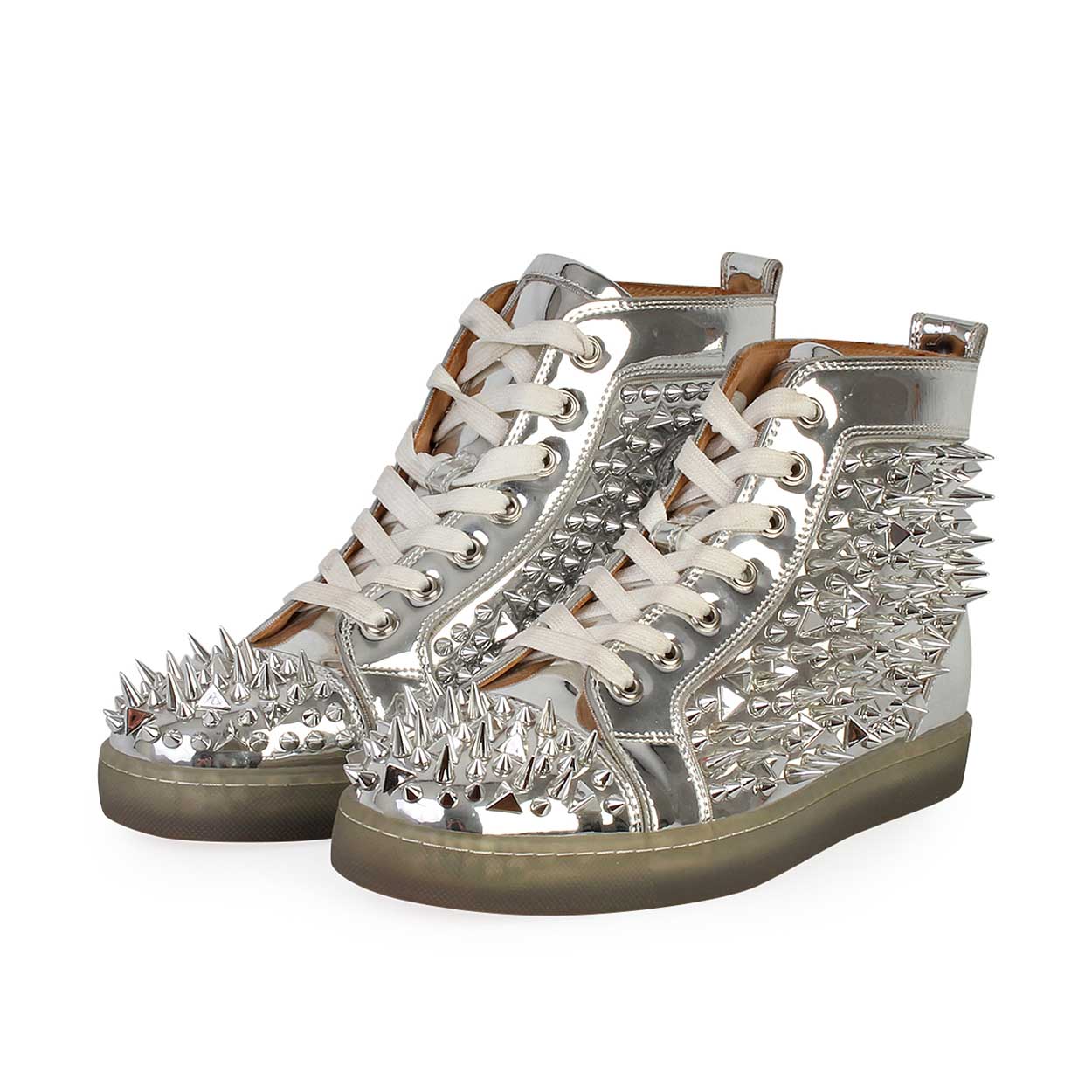 CHRISTIAN LOUBOUTIN Metallic Louis Spikes High Top Sneakers Silver - S ...