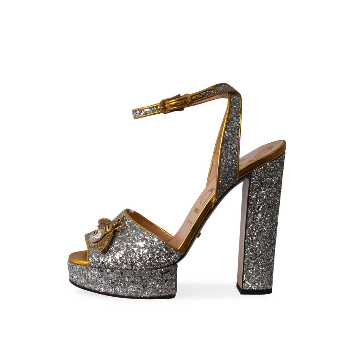 GUCCI Glitter Soko Bee Platform Sandals Silver - S: 39 (6) | Luxity